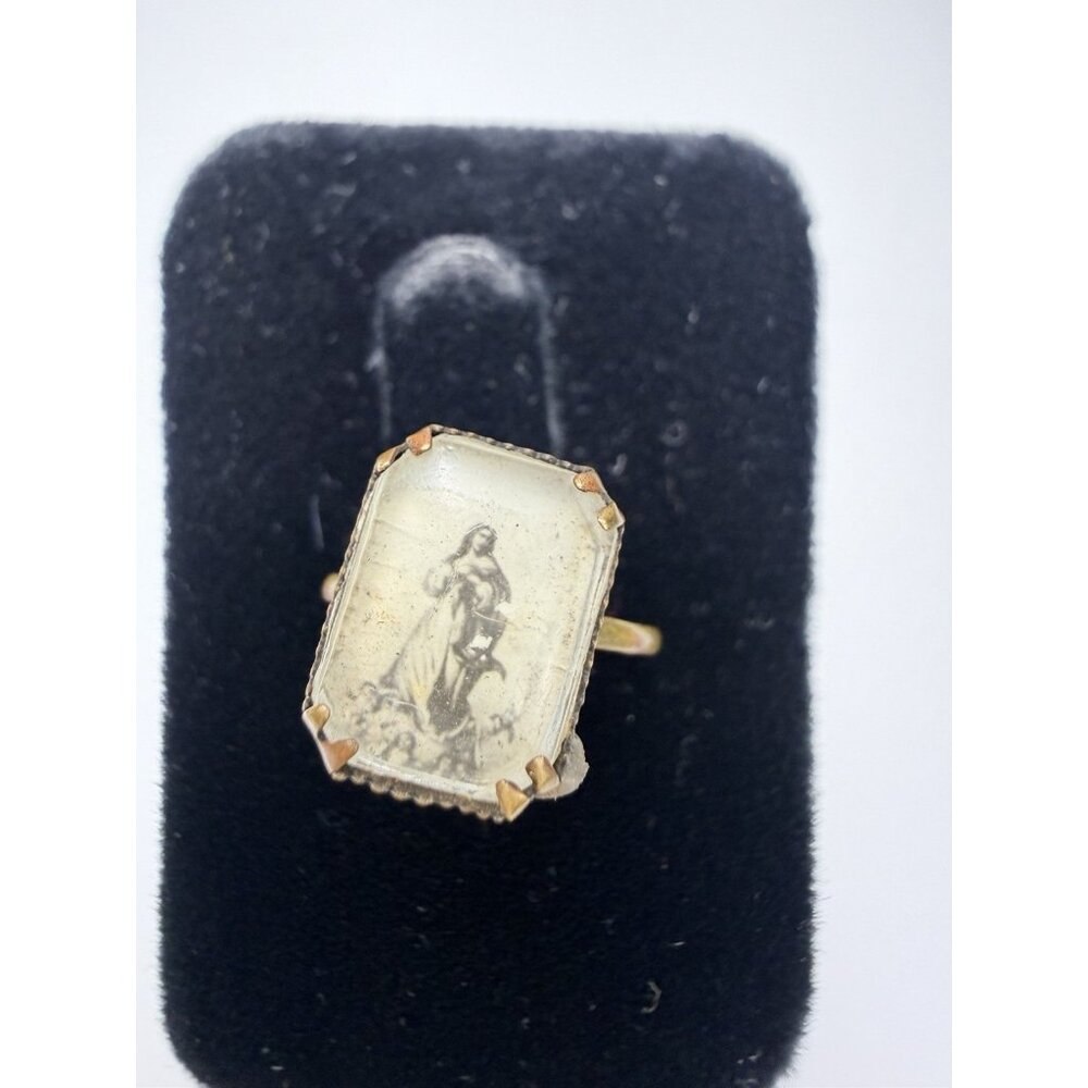 Antique Edwardian Religious Ring Virgin Mary Intaglio Bronze Tone Small Sz 3